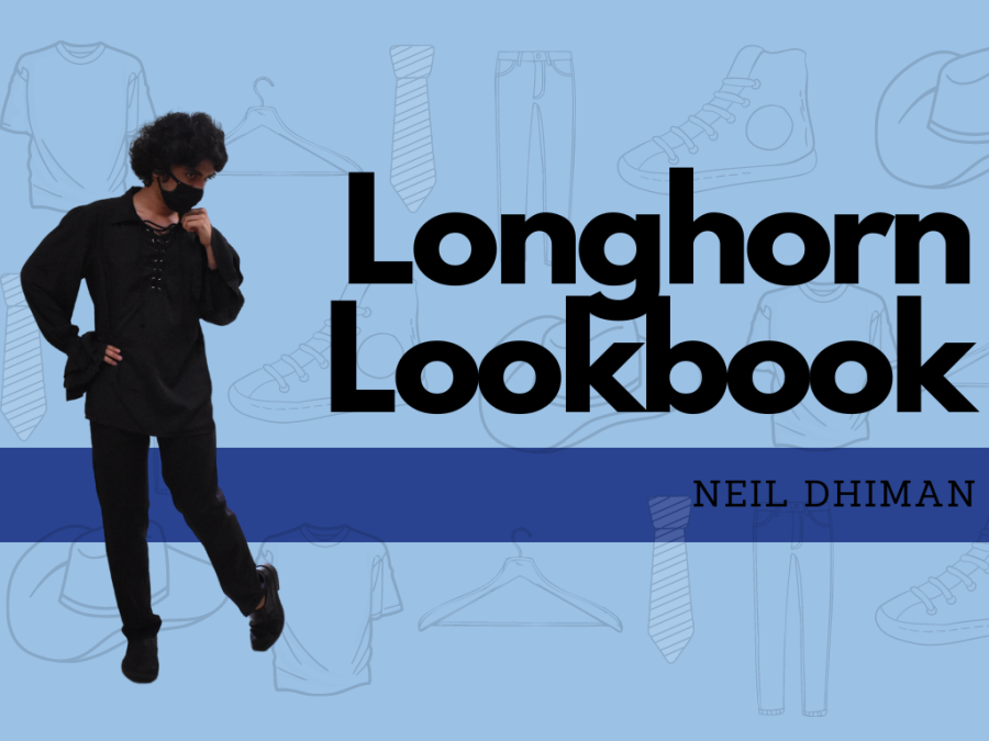 Junior+Neil+Dhiman+strikes+a+pose+by+shifting+his+weight+to+his+right+leg+and+looking+down+at+his+left+heel.+The+words+Longhorn+Lookbook+are+displayed+against+a+blue+background.