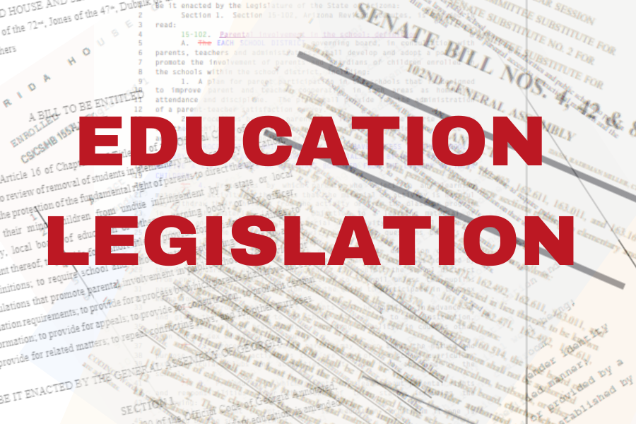 A graphic with different parents rights bills from around America laid over each other and the words Education Legislation in red.