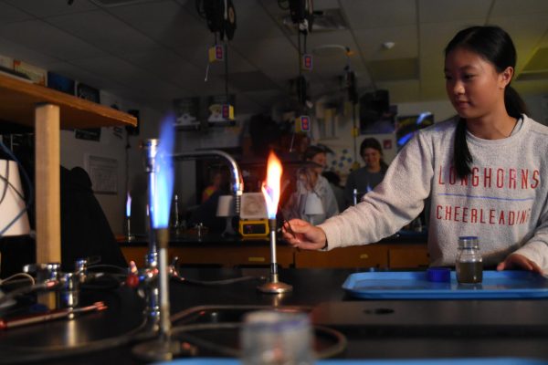 Kickstarting a flame, sophomore Allison Rueschoff begins her lab experiment by inserting an element into a liquid in her Honors Chemistry class. Student scientists explained how elements can release photons within this experiment. “I liked getting out of worksheets and labs. This is one of the best experiments we do in this class,” Rueschoff said.