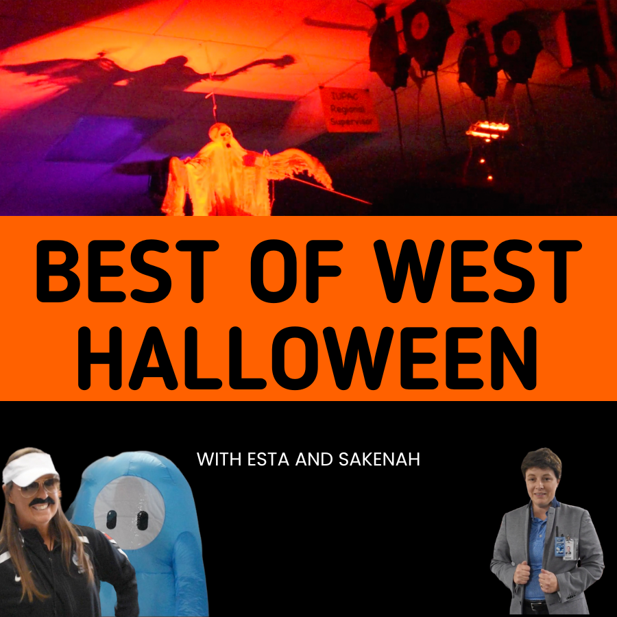 A graphic where the top is a Halloween scene from a classroom show and the bottom shows different costumes.