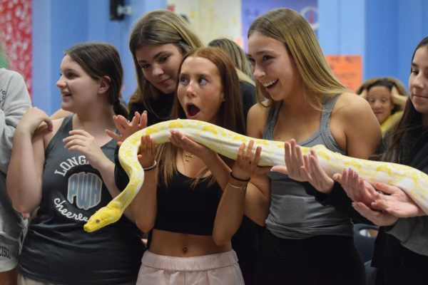 Shock sweeping across her face, sophomore Layla Stranquist faces her fear alongside her cheerleading teammates. The team participated in a reptile show as a way to deepen connections. “I was so scared at first, but then I actually wanted to hold the snake. It was a very weird experience,” Stranquist said. “Our coaches wanted us to do something different for team bonding and this activity helped get us out of our comfort zone.”