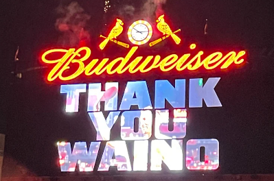 A jumbotron at Busch Stadium sends a thank-you to former St. Louis Cardinals pitcher Adam Wainwright after his postgame concert on Sept. 29. Wainwright performed multiple original songs as a celebration of his 18-year career. “The postgame concert was crazy,” Wainwright said.