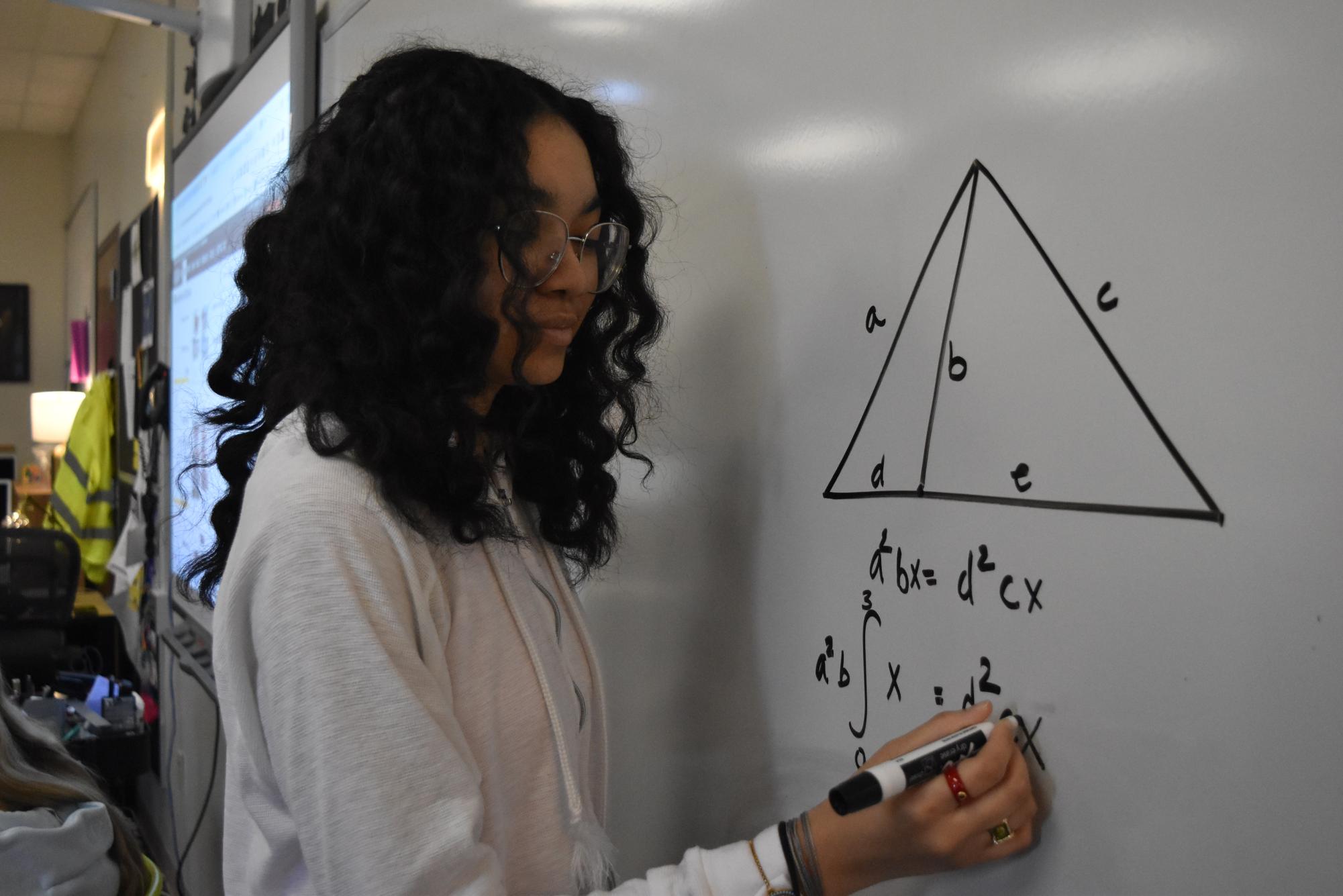Senior Sakenah Lajkem solves a math competition problem involving geometry. In her AP Calculus BC class, Lajkem noticed there were more female student tutors than male student tutors. “Growing up I did not really notice a disparity between male and female students, at least in school academics. In fact, teachers often joke about female students being smarter or more responsible than their male peers. But, this narrative seems to switch when looking at competitive math and pursuing STEM extracurriculars,” Lajkem said.
