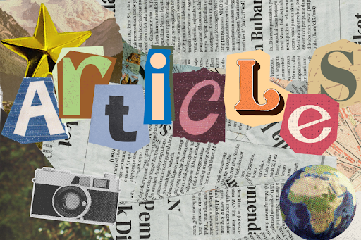 A scrapbook-style graphic that reads "Articles."