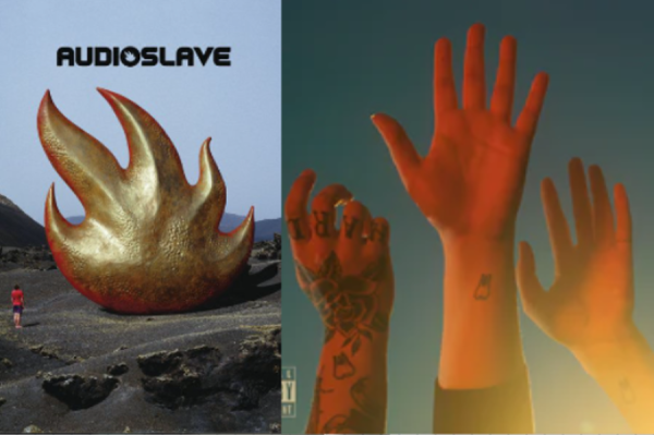 Album covers for Audioslave's self-titled album (left), which features a metal-plated fire, and "the record" by boygenius (right), which shows the raised hands of Phoebe Bridgers, Julien Baker, and Lucy Dacus.
