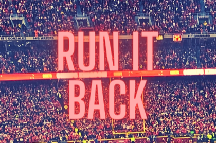 A stadium full of Chiefs fans with the words Run it back.