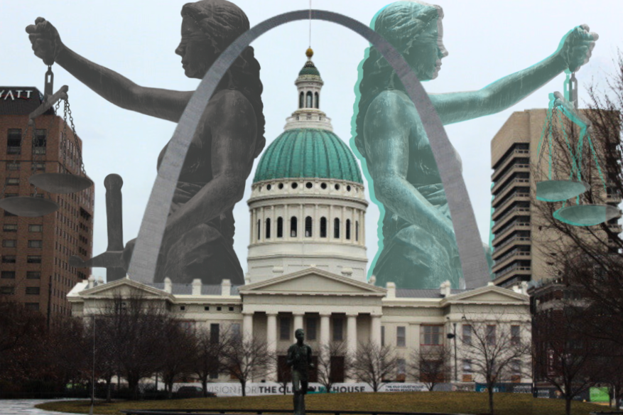 The Arch and Old Courthouse in St. Louis with two Lady of Justices holding up the scales.