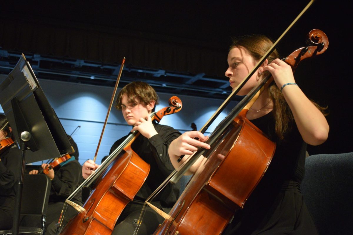 Plucking+the+cello%2C+freshman+Myra+Peters+performs+at+the+orchestra+concert+on+Feb.+27.+The+concert+consisted+of+a+variety+of+performances%2C+from+group+ensembles+to+one+united+group.+%E2%80%9CThis+performance+was+different+because+I+was+first+chair+in+concert+orchestra+for+the+first+time%2C%E2%80%9D+Peters+said.+%E2%80%9CI+practiced+in+the+orchestra+room+for+a+bit+and+made+sure+that+I+had+my+music+down.+I+also+helped+a+friend+with+his+music+to+help+him+get+prepared.%E2%80%9D