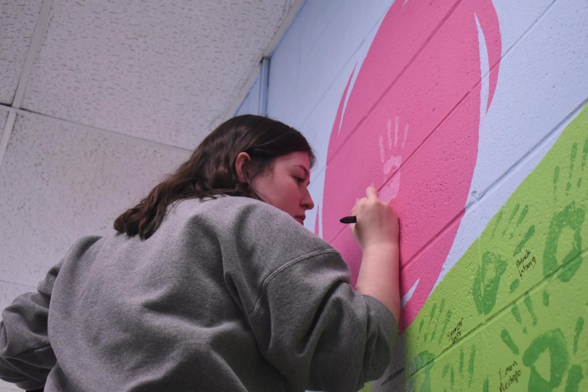 With a keen eye for detail, senior Natalie Lashly writes her signature onto the senior hand wall. After some encouragement from her friends, Lashly applied to make the hand wall with her Lorax-inspired design. I thought the [bright] colors would be fun. Our quote on the wall is Let us grow,’ based on the Let it grow song [from the movie]. [I was hoping that the design would] make the cafeteria feel more exciting, Lashly said.
