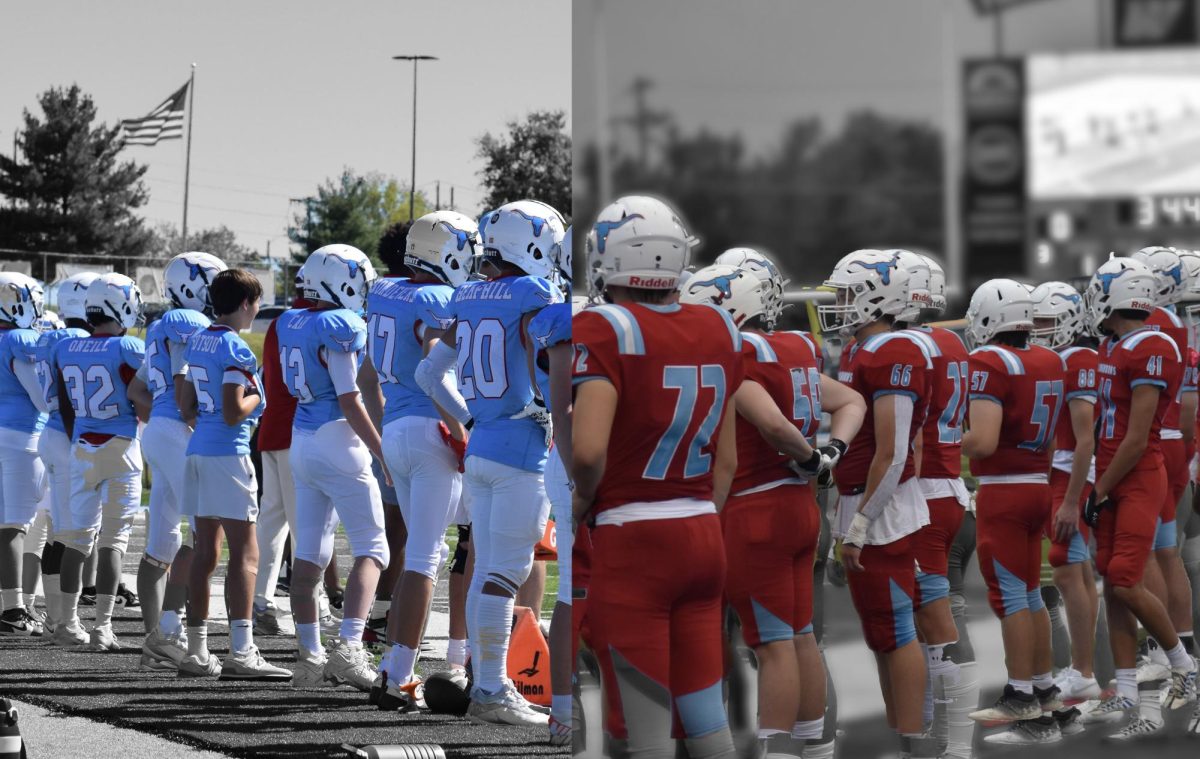 Dressed in West High’s signature red and Carolina blue jerseys, the eighth grade (left) and varsity (right) football teams take the field for their respective home openers. Varsity played on Aug. 30, and the eighth graders on Sept. 7. “Each year brings new excitement and a new challenge. Bringing everyone together to work to achieve one common goal is something that is exciting each and every year,” physical education teacher and varsity football head coach Jeff Duncan said.(Payton Dean and Nikhita Cherukuri)
