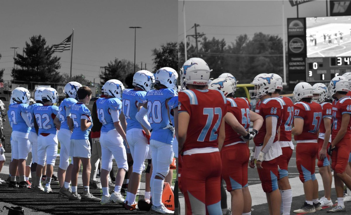 Dressed in West High’s signature red and Carolina blue jerseys, the eighth grade (left) and varsity (right) football teams take the field for their respective home openers. Varsity played on Aug. 30, and the eighth graders on Sept. 7. “Each year brings new excitement and a new challenge. Bringing everyone together to work to achieve one common goal is something that is exciting each and every year,” physical education teacher and varsity football head coach Jeff Duncan said. (Payton Dean and Nikhita Cherukuri)