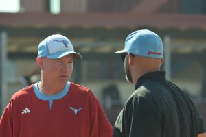 Assistant varsity softball coach John Sloop and head coach Andrew Jett discuss plans for their first home game of the 2024-2025 season. After realizing that their tryout turnout was significantly lower than usual, Sloop pondered the reasons why they couldn’t create a JV team. “We lost seven players from last year, and we only had three new players come out this year. It goes through cycles in terms of new players refreshing,” Sloop said.