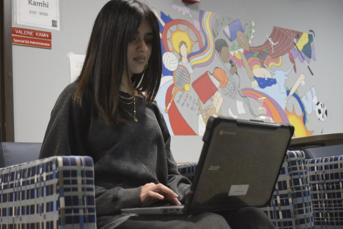 	Sophomore Niharikha Vaidya works on her computer in the counseling department while trying to de-stress from a difficult day at school. Students go to counseling whenever they feel a high amount of pressure or stress. “Whenever I have all my classes, it feels overwhelming because so much is happening around me. Going to counseling helps me re-group before going back to class,” Vaidya said. 

