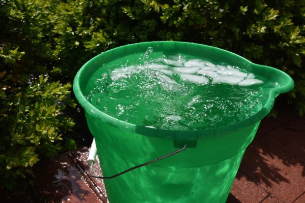 Ice-cold water sits in a bucket waiting to be dumped on the next brave volunteer. For the #SpeakYourMIND Ice Bucket Challenge, people used a variety of vessels, including bowls, coolers and excavators to dump water on themselves. “Make sure you don't just use a bowl because that's lame. You need more water,” sophomore William Tanudyaya said. 