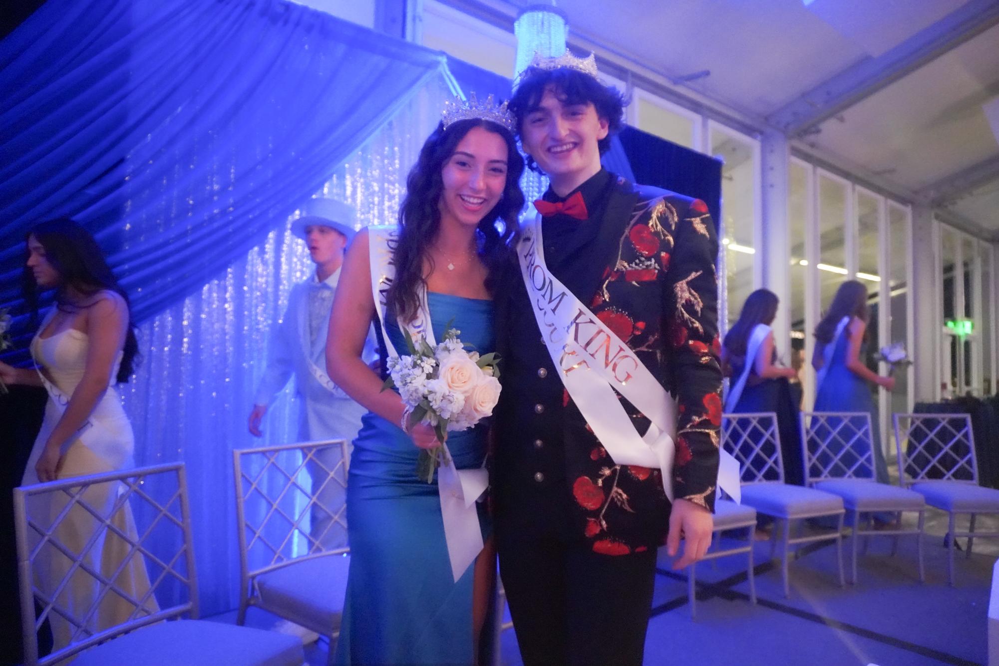 On May 3 at the Hilton DoubleTree Hotel in Chesterfield, Mo., seniors Emily Kate Beach and Jack Mullen celebrate together after being crowned Prom Queen and King. Prom court nominations were announced to the school via Instagram on Apr. 22. “We got an email from Taggart that we were on court, and then all the people on court started texting each other ‘good luck,’” Mullen said.