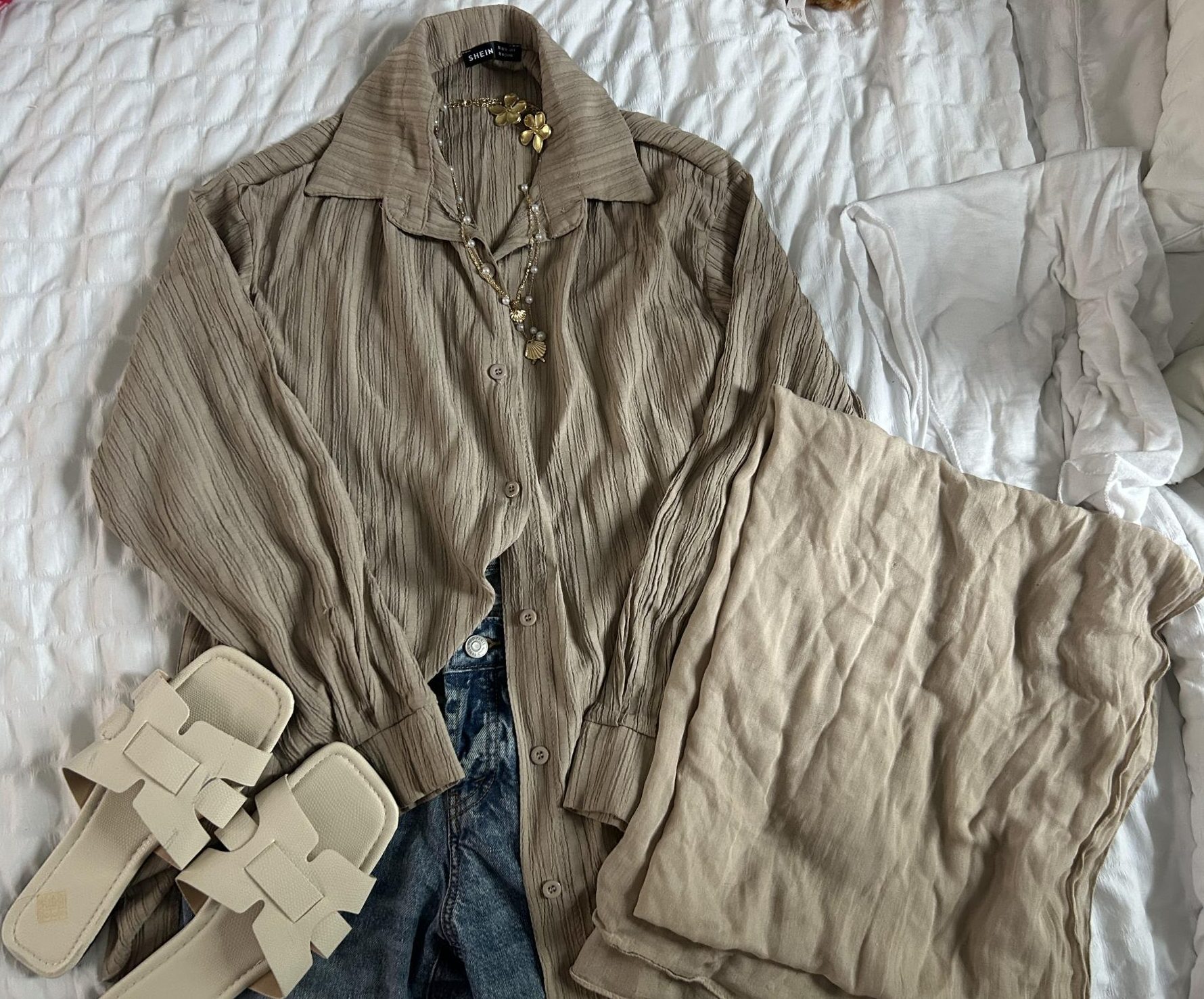 Beige button down outfit