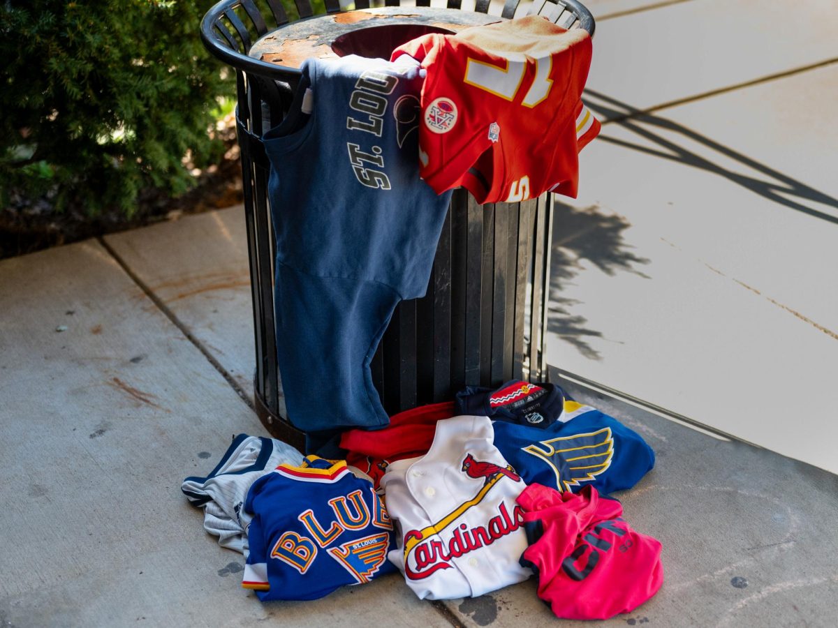 Discarded to the side, Kansas City Chiefs and St. Louis Rams merchandise sits in a trash can after the two National Football League (NFL) teams left the state of Missouri. Both the National Hockey League’s (NHL) St.Louis Blues and Major League Baseball’s (MLB) St. Louis Cardinals, two other Missouri professional sports teams, have been in the city since their developments in 1967 and 1882, respectively. “St. Louis fans are incredibly loyal, judging by [the MLB’s] Cardinals and [the NHL’s] Blues. Team owners on the whole, not so much, judging by the [National Football League’s] Rams. This is more a function of ownership and profit than fan loyalty,” government teacher and football coach Melvin Trotier said.