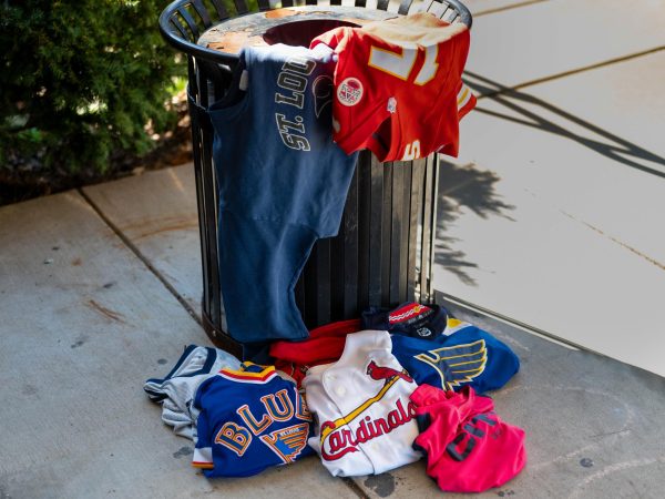 Discarded to the side, Kansas City Chiefs and St. Louis Rams merchandise sits in a trash can after the two National Football League (NFL) teams left the state of Missouri. Both the National Hockey League’s (NHL) St.Louis Blues and Major League Baseball’s (MLB) St. Louis Cardinals, two other Missouri professional sports teams, have been in the city since their developments in 1967 and 1882, respectively. “St. Louis fans are incredibly loyal, judging by [the MLB’s] Cardinals and [the NHL’s] Blues. Team owners on the whole, not so much, judging by the [National Football League’s] Rams. This is more a function of ownership and profit than fan loyalty,” government teacher and football coach Melvin Trotier said.