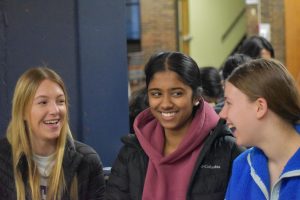 Laughing, sophomore Julia Adams (right) takes time from her day to let loose and hang out with her friends. Adams, who has received lessons from Parkway’s Peers Advocating for Total Health (PATH) program, has maintained the status of being alcohol free. “Playing sports, [and] being surrounding myself with friends who encourage each other to [not drink] is [not only] helpful, [but] doing these activities is super fun and helps me reach a natural high,” Adams said.
