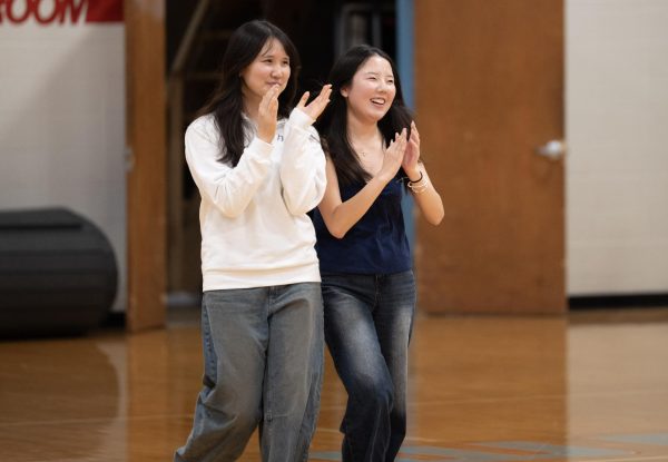 Junior Bethany Liao and senior Yein Ahn are recognized at the spring pep rally for achieving first place in the MSHAA Speech and Debate District Tournament. Juniors Lillian Chen and Giuli Ghiretti, seniors Sravya Reddy Guda and Ryan Shabani and sophomore Samuel Huang were also recognized at the event for their achievements. “I feel like debate isn’t something that gets recognized a lot, and some of my peers don’t know how much work I put in. So it was exciting to be recognized in front of the whole school, and it also motivated me for the state competition,” Ahn said.