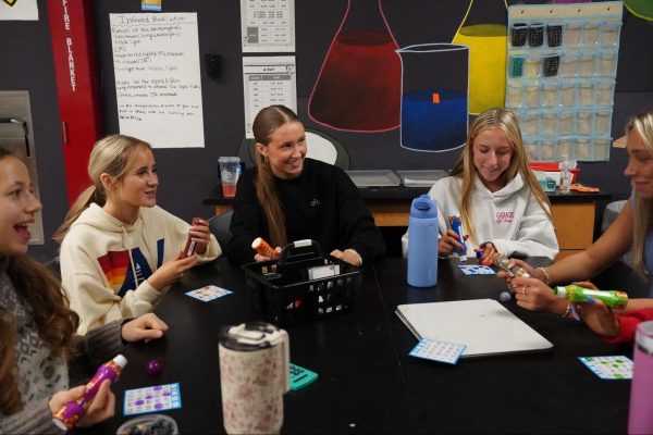Junior Ava D’Alessandro laughs with friends as she waits for the next number to be called during a Bingo Club meeting. The meeting took place on Feb. 6. “It’s a really relaxed atmosphere. Everyone is nice, and it’s just fun to hang out with friends during the day,” D’Alessaandro said.
