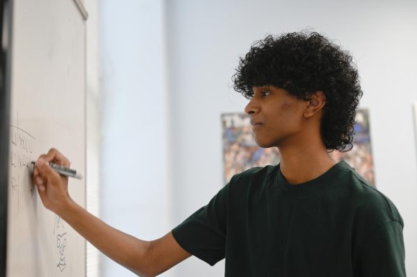 Setting up the activity for his first meeting, Financial Literacy Club founder and sophomore Yash Bandiananthaiah writes on the whiteboard. For the first meeting, Bandiananthaiah created an interactive experience for members to immerse themselves in. “To me, the most important thing during a meeting is to make sure we are all engaged and participating, and [I do this by] always making sure we have a hands-on activity,” Bandiananthaiah said. 
